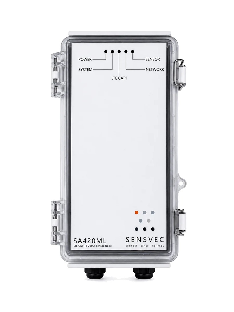 Sensvec SA420ML LTE CAT1 4-20 mA sensör düğümü — ön görünüm, durum LED'leri